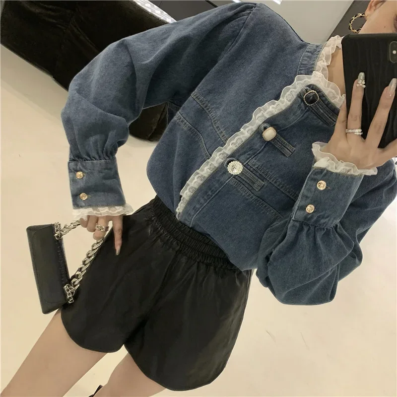 Spring Lace Denim Shirt Women Fashion Patchwork Long Sleeve Blouse Female Loose Stand Collar Button Down Jean Shirts Woman