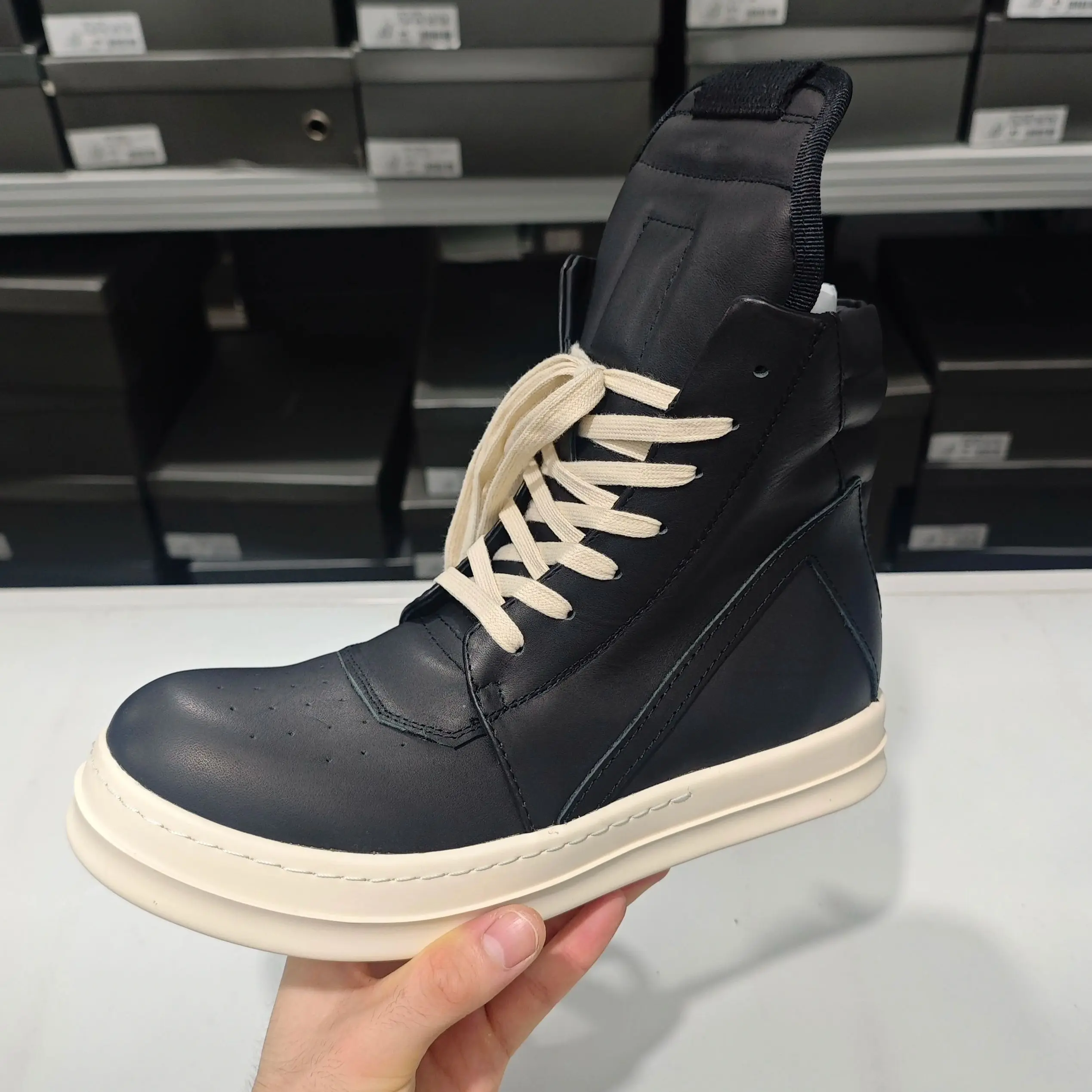 2026 Retro Trend Black Upper Off-White Sole Inverted Triangle High Top Boots, Couple Platform Elevated Side Zipper Leather  Boot