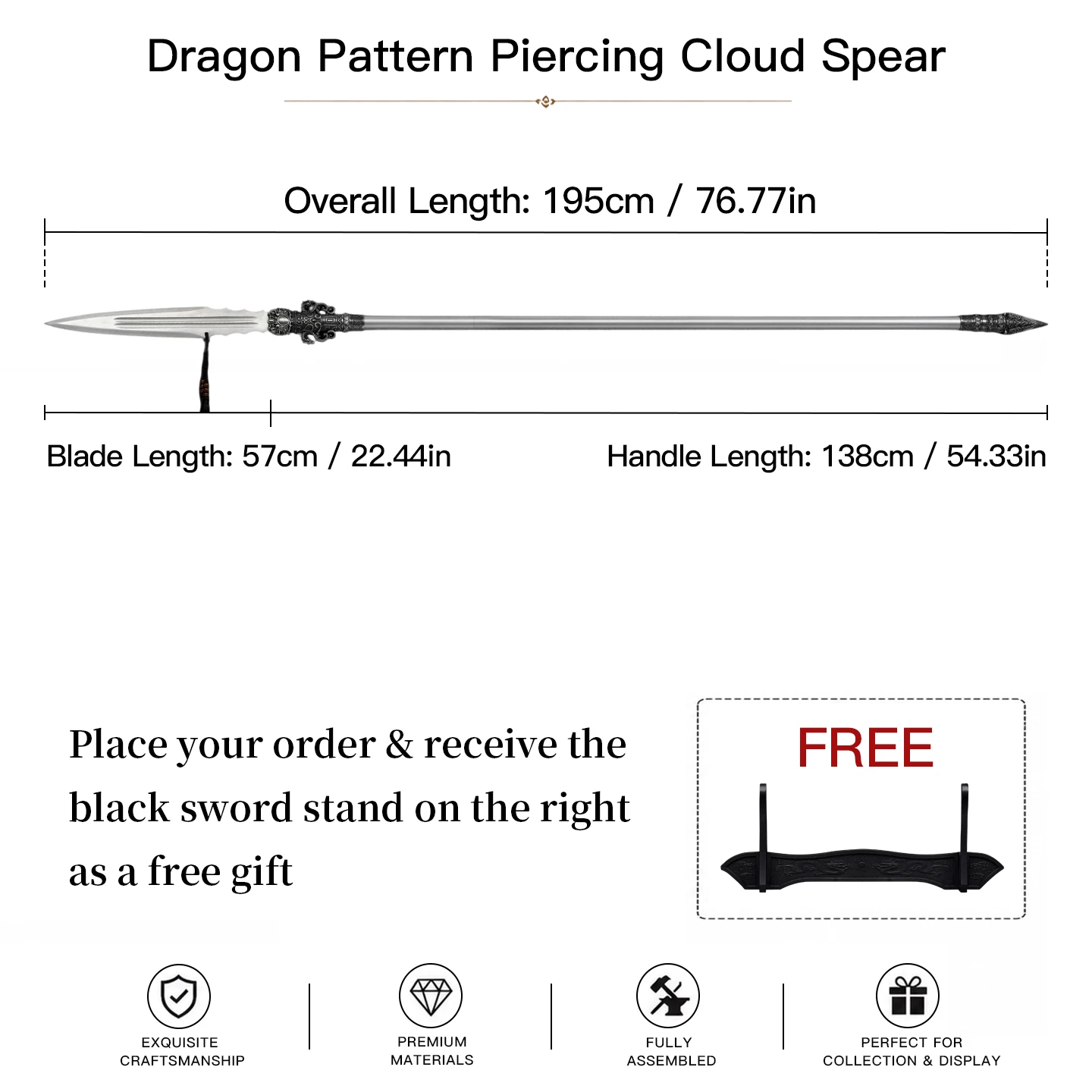 Dragon Pattern Piercing Cloud Long Spear Manganese Steel Triple Groove Spearhead Vintage Black Dragon Embossed Alloy Fittings