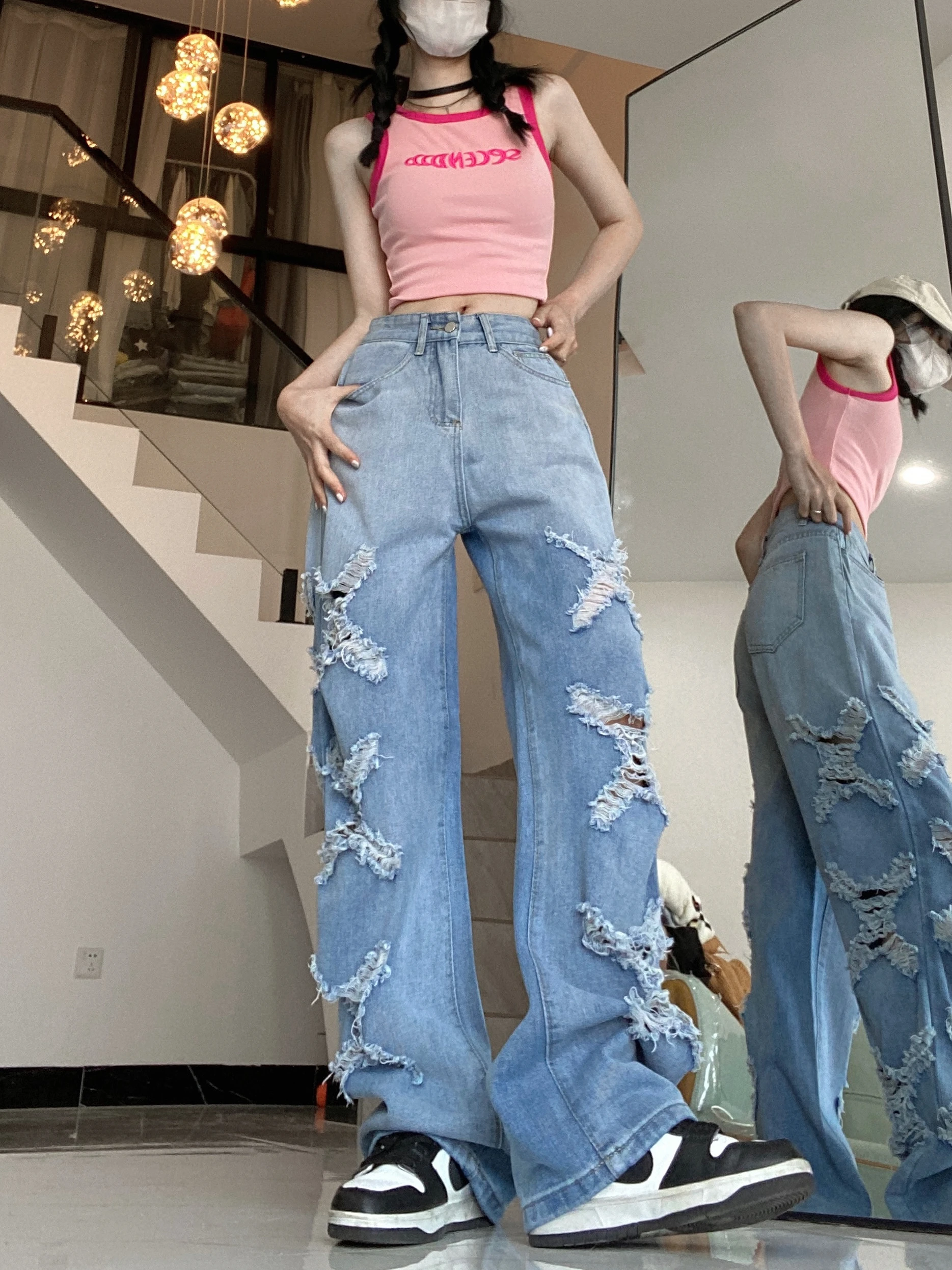 

WCFCX STUDIO Retro Streetwear Jeans 2023 Y2k Blue Fashion Ripped Wide Leg Pants Hip Hop Gothic Harajuku High Waist Women Trouser