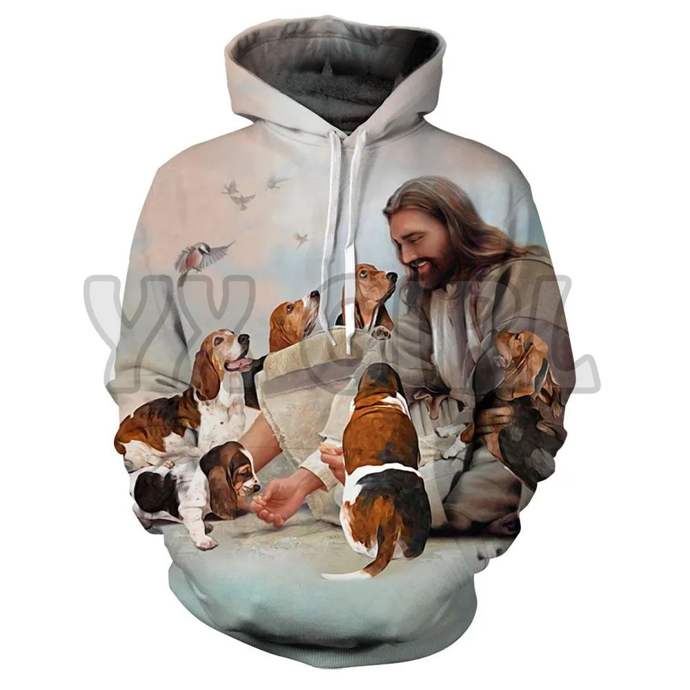 Hoodie Cetak 3D Dikelilingi Yesus Oleh Basset Pria untuk Wanita Uniseks Pullover Hoodie Anjing Lucu Pakaian Olahraga Jalanan Kasual