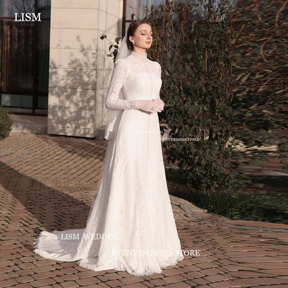 LISM Vintage Full Lace A-Line Wedding Dresses Long Sleeves High Neck Long Bridal Gowns vestidos de novia Formal Dress For Women