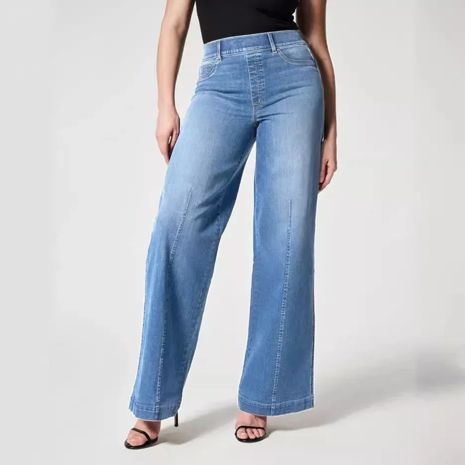 Fashionable High-Waisted Elastic Straight-Leg Jeans for Women with Soft Washed Denim Fabric