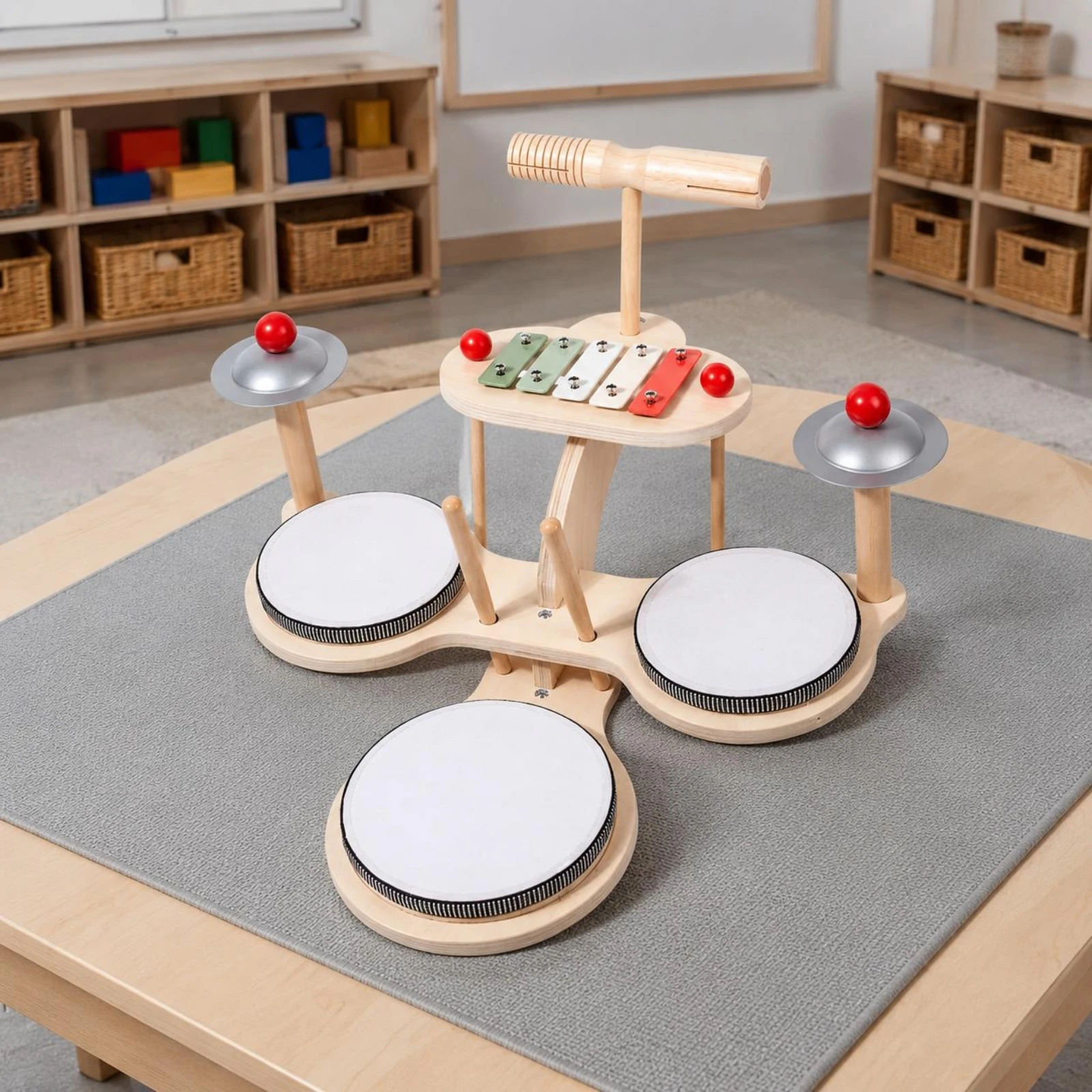 

Wooden Drum Xylophone Set Hand-Eye Coordination Wooden Drum Set Kids Percussion Station Safe Natural Wood Musical Learning Table