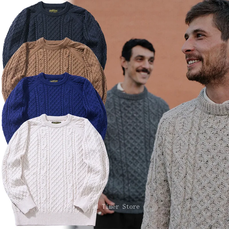 Okonkwo Men's Cable Knit Wool Blend Sweater Aran Fisherman Pullover Retro