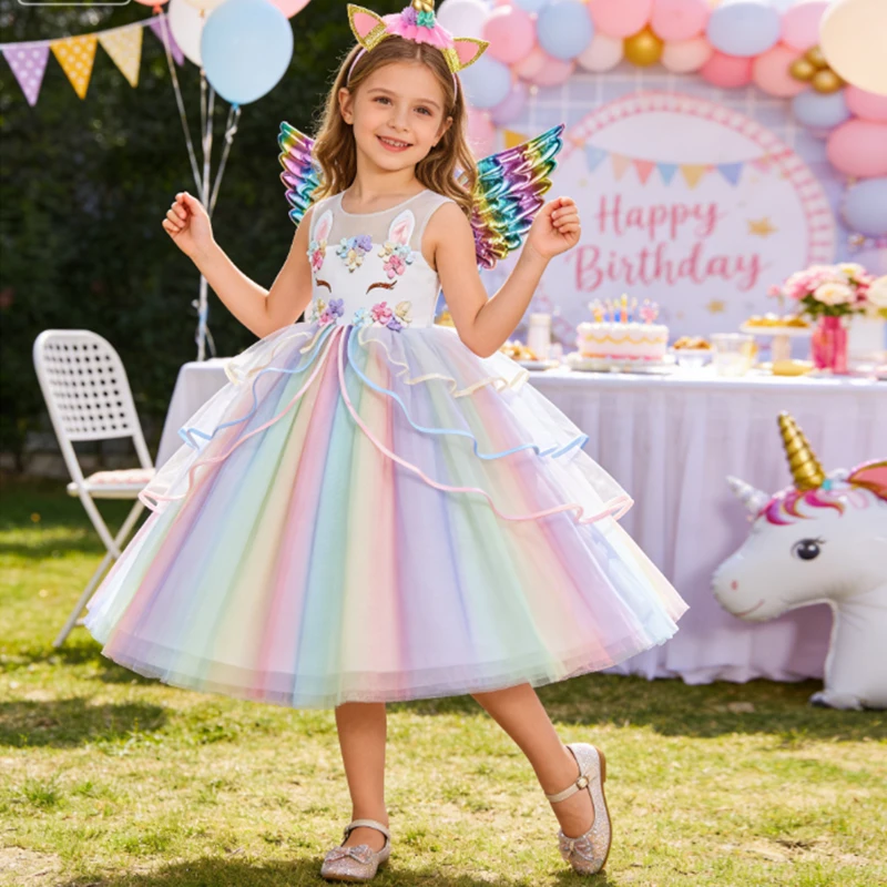 Carnival Colorful Girls Unicorn Dress Pastel Rainbow Tulle Princess Girl Birthday Party Dresses Child Unicorn Perform Costumes