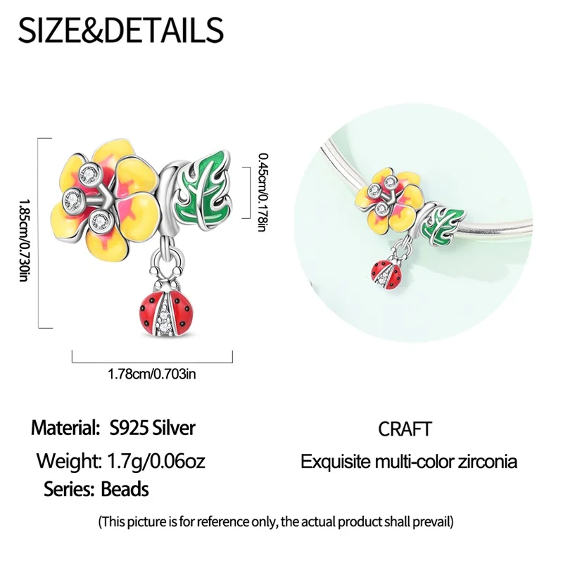 New 925 sterling silver flower ladybug beaded pendant suitable for original women's bracelet pendant to wear D IY jewelry homema