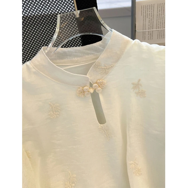 Women Vintage Chinese Style Embroidery Blouse Stand Collar Hollow Sweet Kawaii Chic Shirt Solid Short Sleeve Tops Casual Blusas