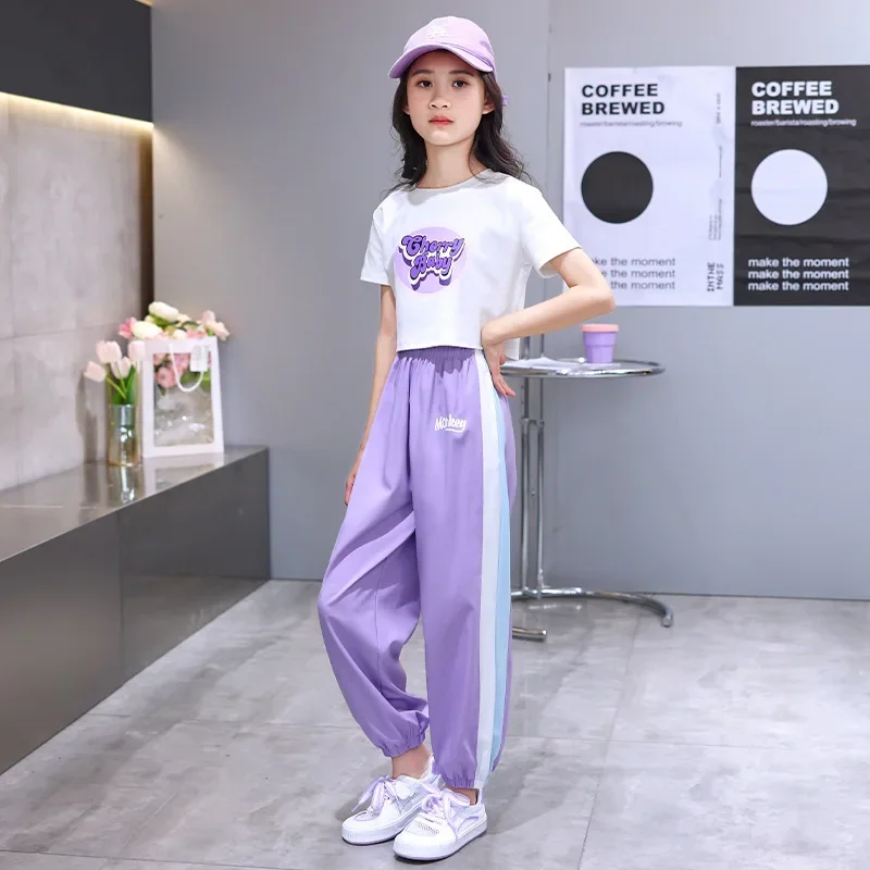 2024 summer Teens Clothes Set New Sport Letters Print Crop Top t shirt + Leggings striped Ankle-tied Pant Suit Child tracksuit