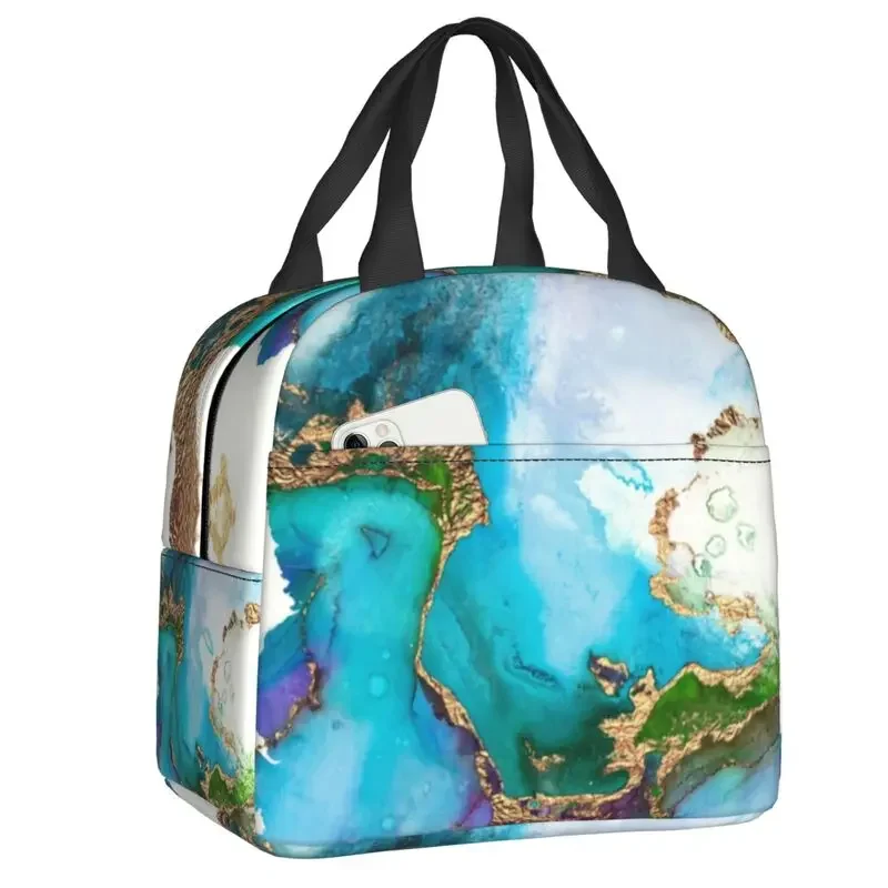 Abstract Marble Mermaid Gemstone With Gold Glitter Insulated Lunch Bag Leakproof Texture Thermal Cooler Lunch Box School