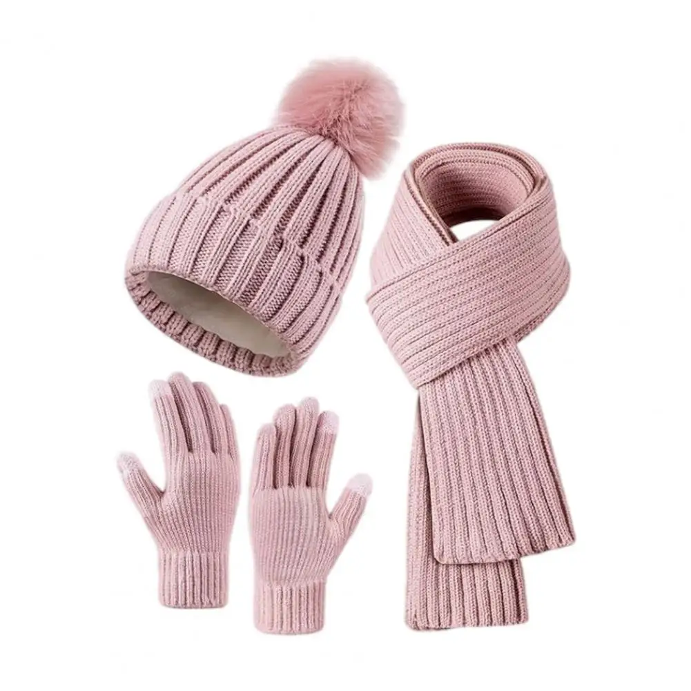 Thermo-gefüttertes Beanie-Set, Winter-Beanie-Schal-Handschuhe-Set für Damen, gestrickte warme Mütze mit Reibungspalm-Handschuhen, elastisches Ohr