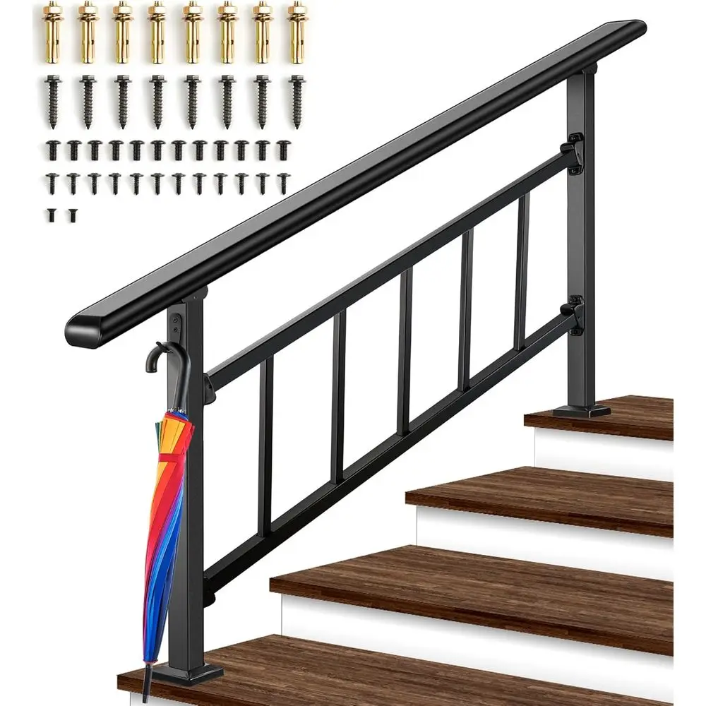 4 Steps Outdoor Handrails, Black Wrought Iron Railing for Exterior Steps, Transitional Balusters, Hook & Kit for Concrete or Woo