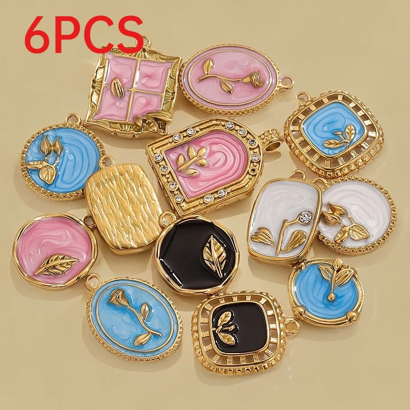 

6Pcs Stainless Steel Plant Pattern Enamel Charms DIY Jewelry Pendants For Bracelet Necklace Making Accessories