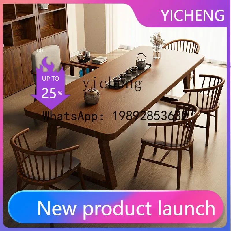 LYY Solid Wood Large Board Tea Table and Chair Set Simple One Table Five Chairs Natural Wood Living Room Home Office Tea Table