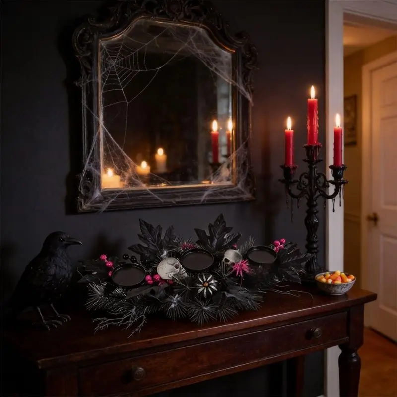 CQMF-Halloween Spooky Table Decor Skull Candle Holder Centerpiece 3 Pillar Candleholder Black Maple Leaves Without Light