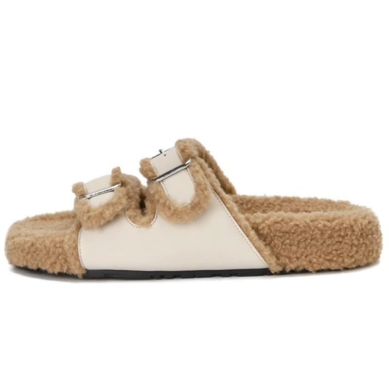 

Брендовые зимние тапочки на плоской подошве, женские плюшевые теплые хлопковые туфли с пряжкой на ремне, нескользящие удобные шлепанцы для отдыха, женские домашние тапочки