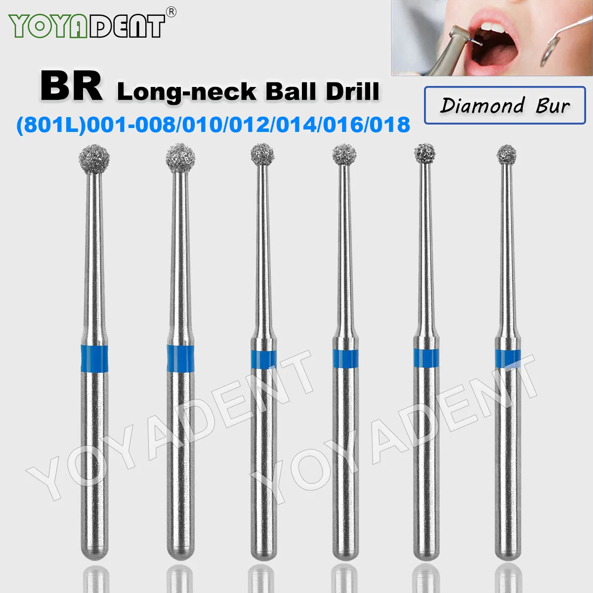 Dental FG Long Neck Round Diamond Burs BR (801L) 001-008 010 012 014 016 018 Grit Blue Ring 1.6mm High Speed Handpiece10Pcs