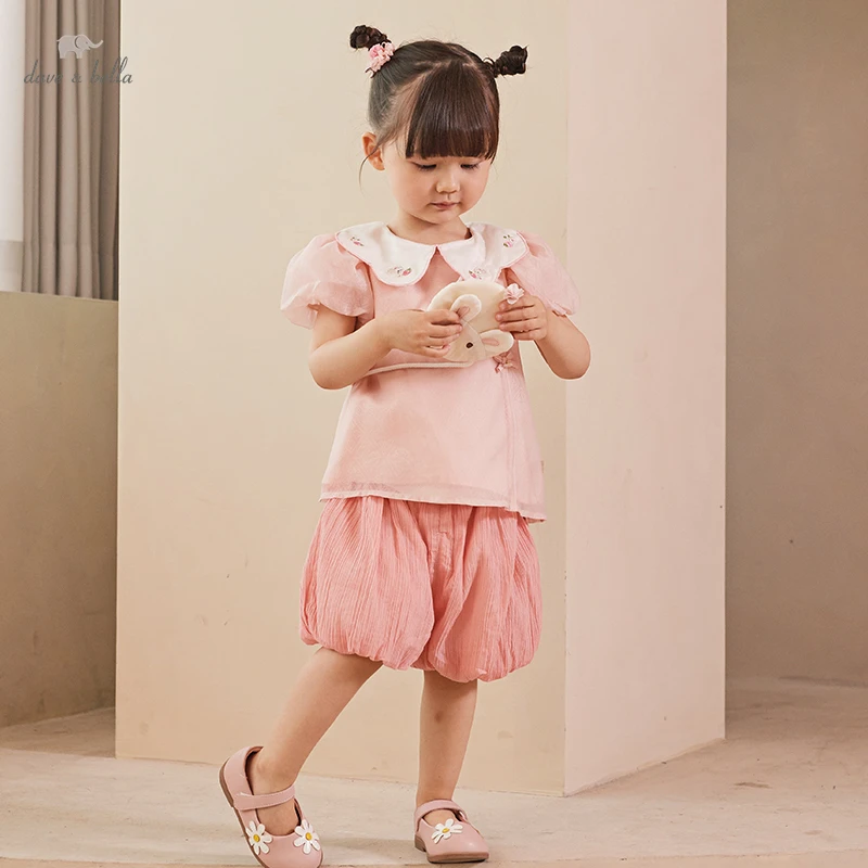 Dave Bella Girl's Suits Summer New Children's Chinese Style Two-Piece Set Female Baby Short-Sleeved Lantern Pants DB2234763