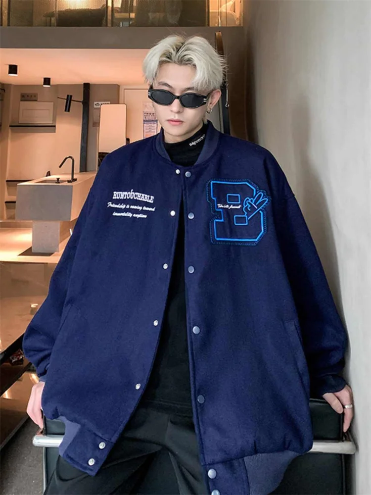 

Retro American Embroidered Baseball Jaet Men's Autumn Winter Couple's k Blue Outerwear High Street Cool Flight Jaet