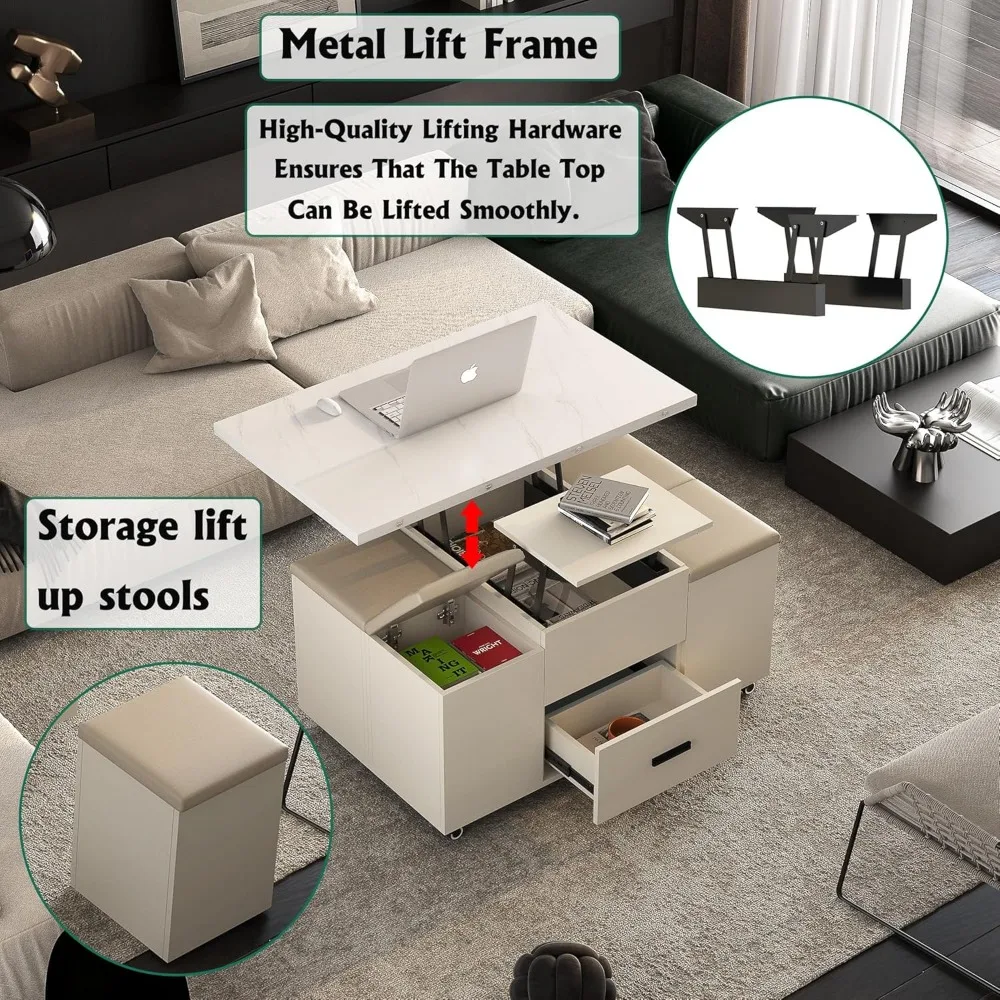 Lift Top Coffee Table with 4 Stools, Multi Functional Convertible Coffee Table with Drawers and Hidden Storage, Cocktail Table C