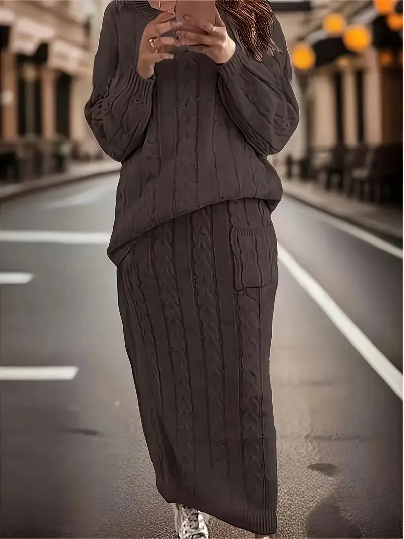

Women's Elegant, Chic and Comfortable Long Sleeve Round Neck Solid Color Autumn and Winter Large Size Knitted Sweater Skirt Set