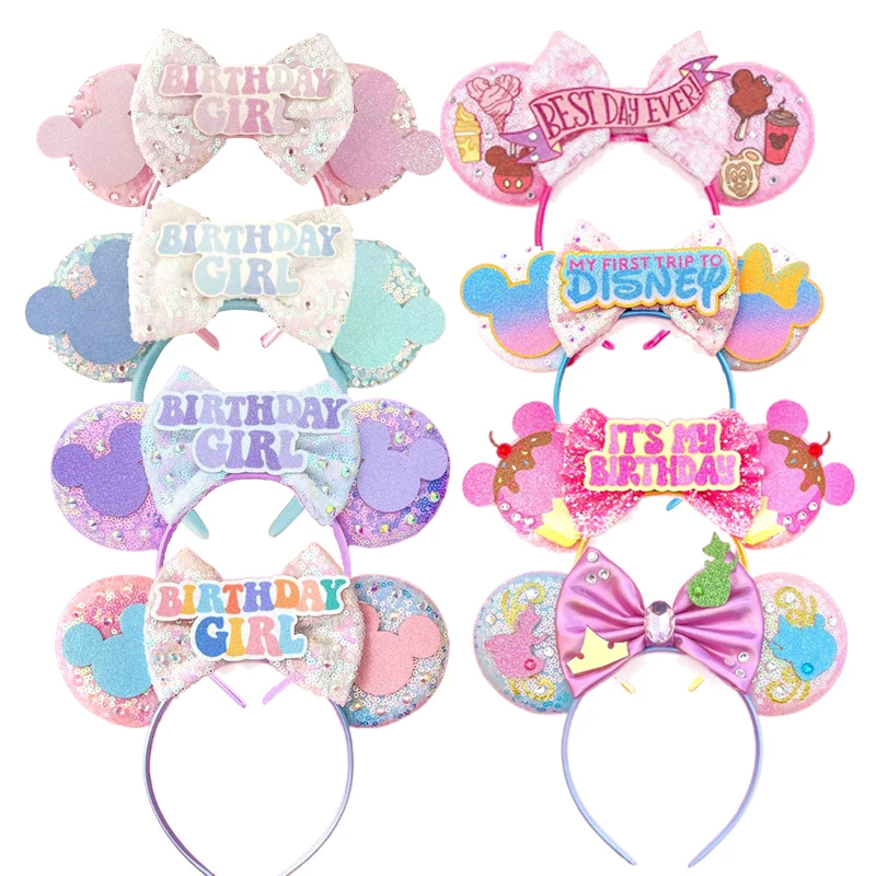 2024 Mickey Mouse Ears Headband Women Sequin Birthday Girl Bow Minnie Hair Bands For DIY Disneyland Hair Accessories Kid Gift