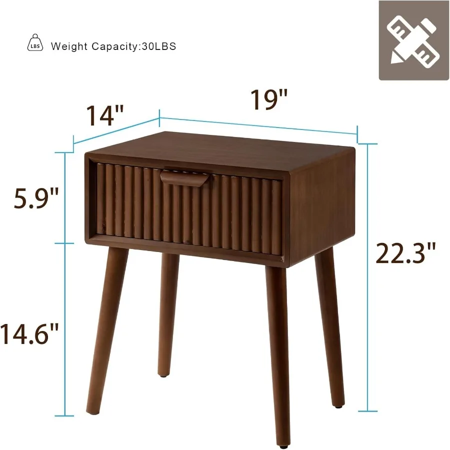 منضدة حديثة مع درج طاولات بجانب السرير مجمعة بالكامل مع درج منضدة منتصف القرن مع أرجل خشبية صلبة ونهاية صغيرة