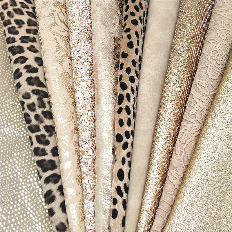 Gold Chunky Glitter Leather Sheets Leopard Pattern Faux Leather Floral Synthetic Leather Suede DIY Craft Sheets Mini Rolls W335