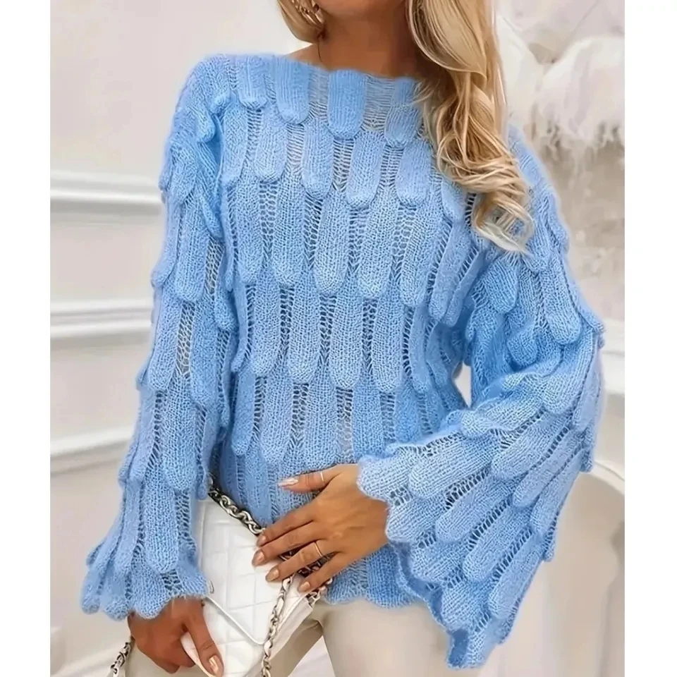 

Spring Autumn Chic Knitted Loose Pullover Tops Women Fashion Long Sleeve Hollow Lazy Top Versatile Knitted Sweater Woman