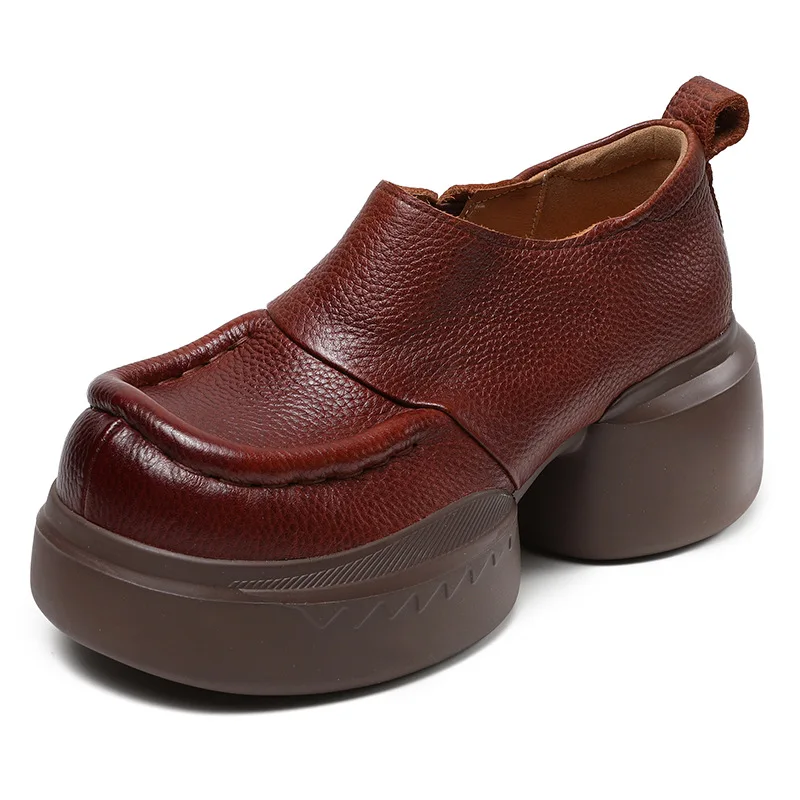 

6cm New Ethnic Platform Wedge Round Spring Mary Jane Autumn Shoes Women Cow Genuine Leather Slip on Ladies Fashion