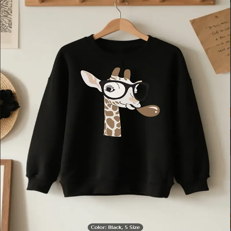 

Womens Black Sweatshirt Giraffe Bubble Gum Graphic Print Casual Oversized Pullover Top for Animal Lovers Comfortable Pure Cotton