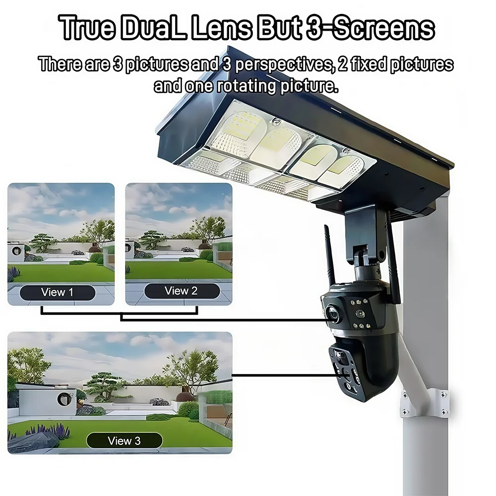 V380Pro Lampione stradale a LED solare Telecamera di sorveglianza 4G integrata 12MP 4K Tre schermi PTZ Protezione di sicurezza CCTV Telecamera IP WIFI
