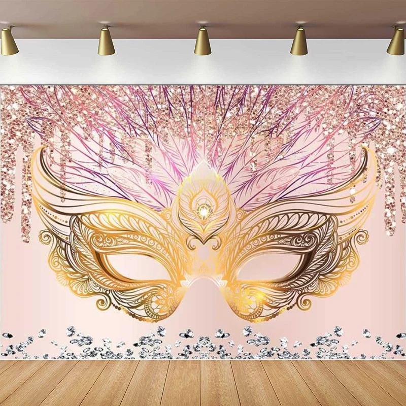 

Photography Backdrop Gold Mask For Masquerade Party Glitter Diamond For Carnival Gift Cake Table Decor Background Photo Studio