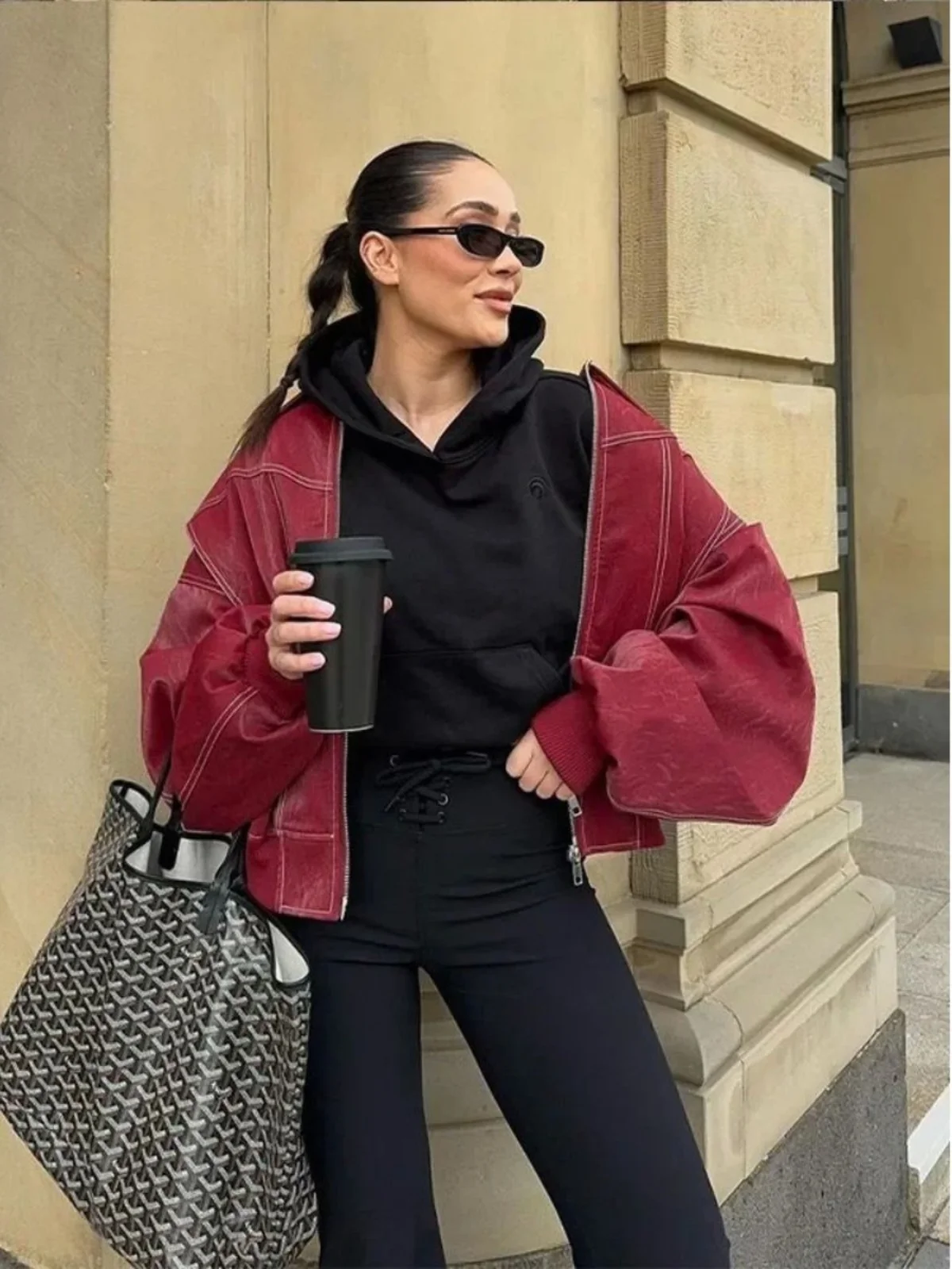 سترة جلدية فضفاضة بتصميم ستريت ستايل، ياقة عتيقة، ياقة قابلة للطي، مع سحاب، معطف خارجي بأكمام طويلة، لون صلب، موضة نسائية.