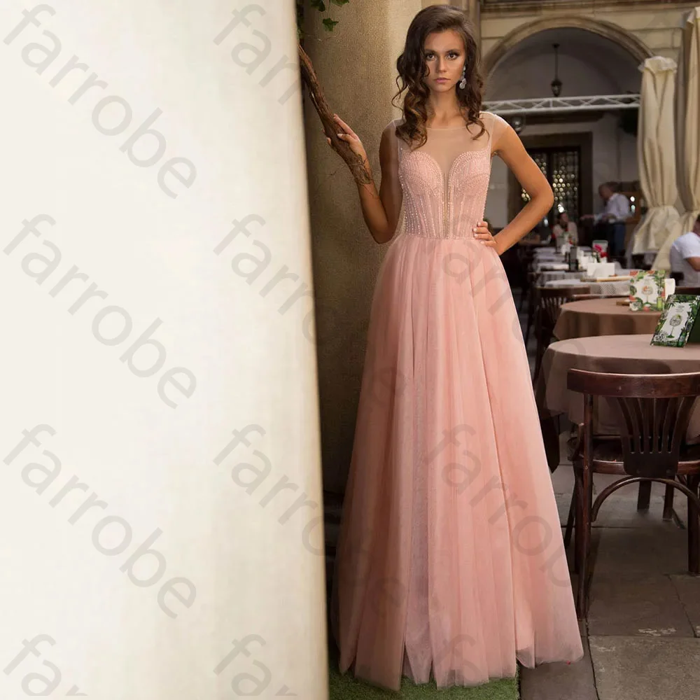 Vestidos de noche largos de color rosa personalizados, tul con cuentas, cuello redondo, mangas cortas, línea A, largo hasta el suelo, sin espalda, vestidos formales para fiesta de graduación