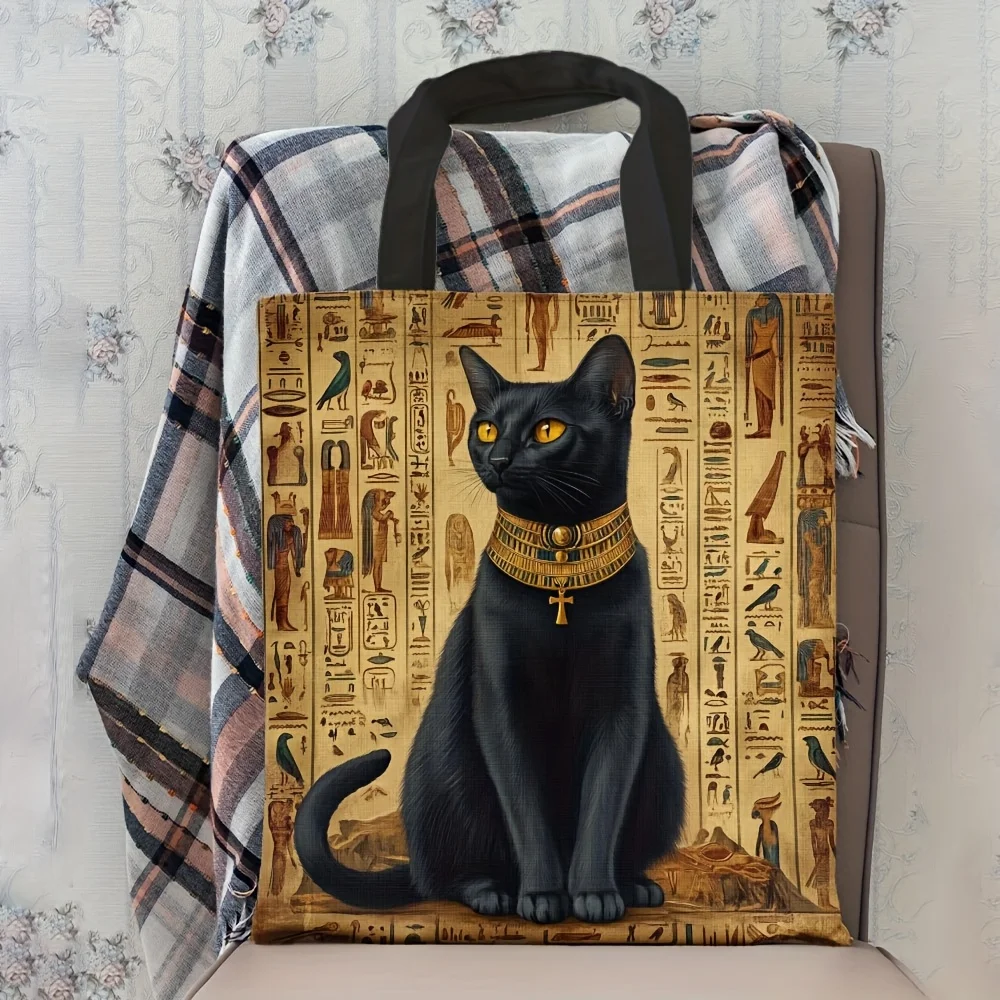1pc Women'S Black Cat Tote Bag - Cute Cat Face And Tabby Design, Everyday Shopping Bag- Practical Women'S Shopping Bag