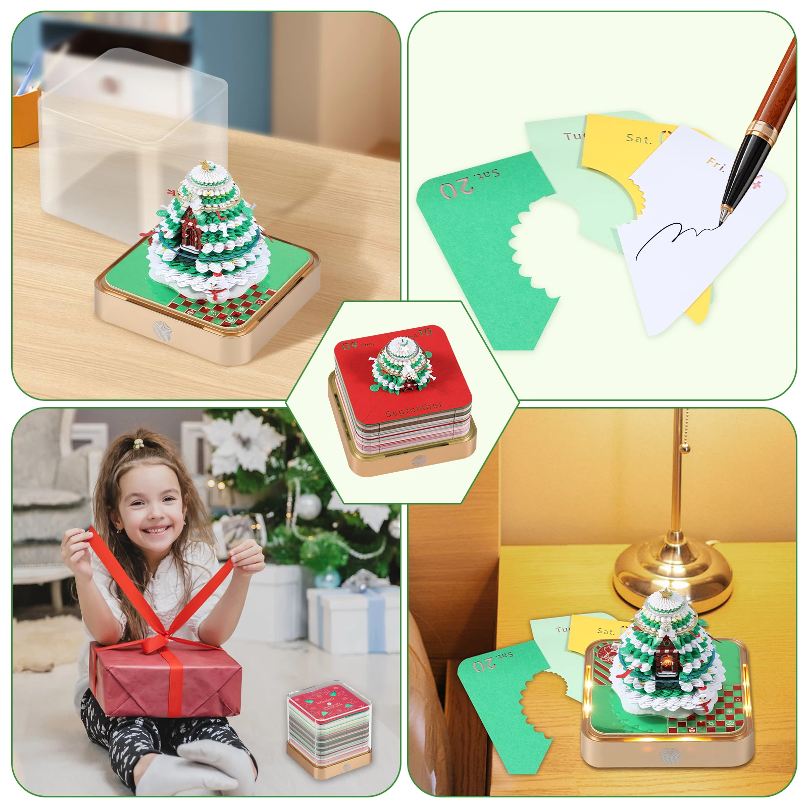 3D Desk Calendar with LED Lights Paper Sculpture Art Memo Notepad for Christmas Desktop Decoration Gift