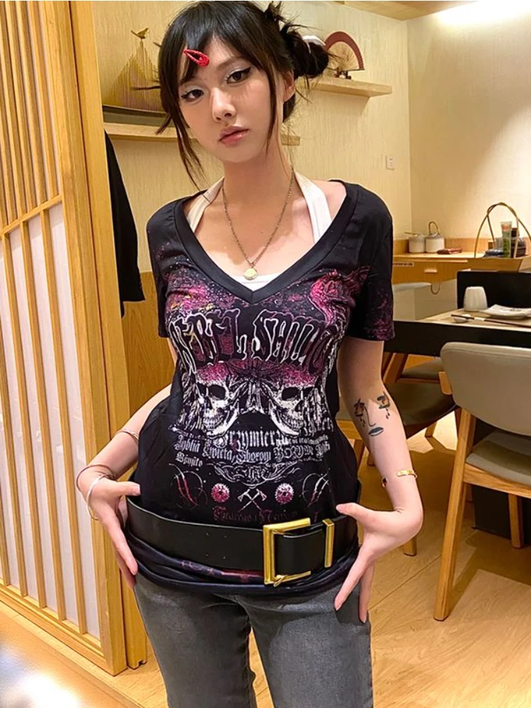 

HOUZHOU Japanese 2000s Style Tshirts Women Y2k Vintage Punk Aesthetic Graphic Top Gothic Short Sleeve Harajuku Streetwear Grunge