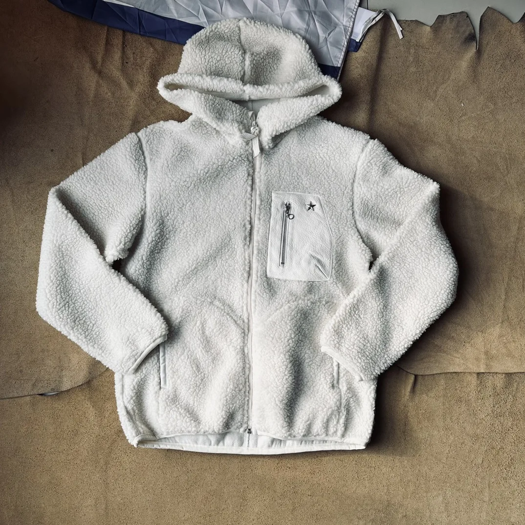 

High-End Motorcycle Sle Hooded Jaet Lamb Fur Lined Loose Deer Skin with Leather Rivets Five-Star Rating Base Layer Coat