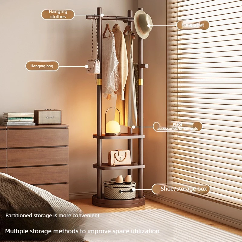 Advanced solid wood rotating coat rack, round square wooden hanger, multi-layer storage rack, movable coat rack, bedroom hanger