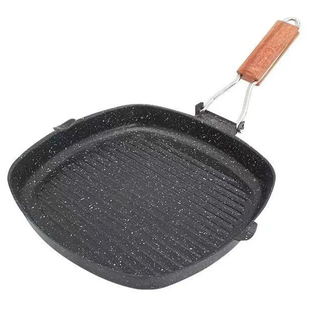 Nonstick Frying Pan Foldable Wooden Handle Steak Skillet Steak Frying Pan for Meat Fish and Vegetables