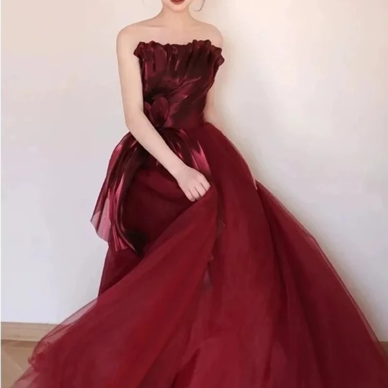 فستان سهرة للنساء لحفلات الزفاف أنيق خفيف فاخر بدون حمالات بدون أكمام برباط على شكل كرة فيستدو دي فيستا