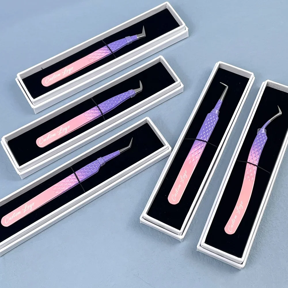 Print Logo Fiber Tip Eyelash Tweezers 45 75 90 Degree Nano Grip Tweezers Custom Private Label  Lash Extension Tweezers