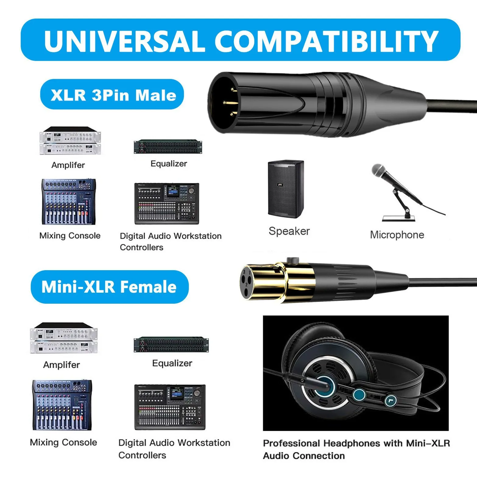 XLR Male to Mini XLR Female Adapter Coiled Cable, 3-pin Male & Female to 4-pin Mini XLR Female Adapter Coiled Cable