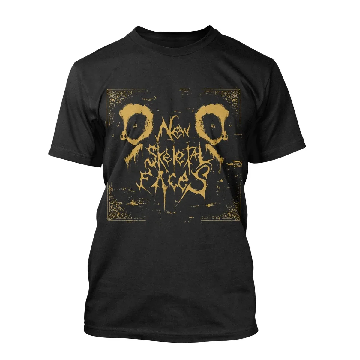 Dual Skull Samurai Mask Cross Badge Band Text Graphic Print Unisex T‑shirt, New Skeletal Faces Metal Band Fan Daily Casual Top