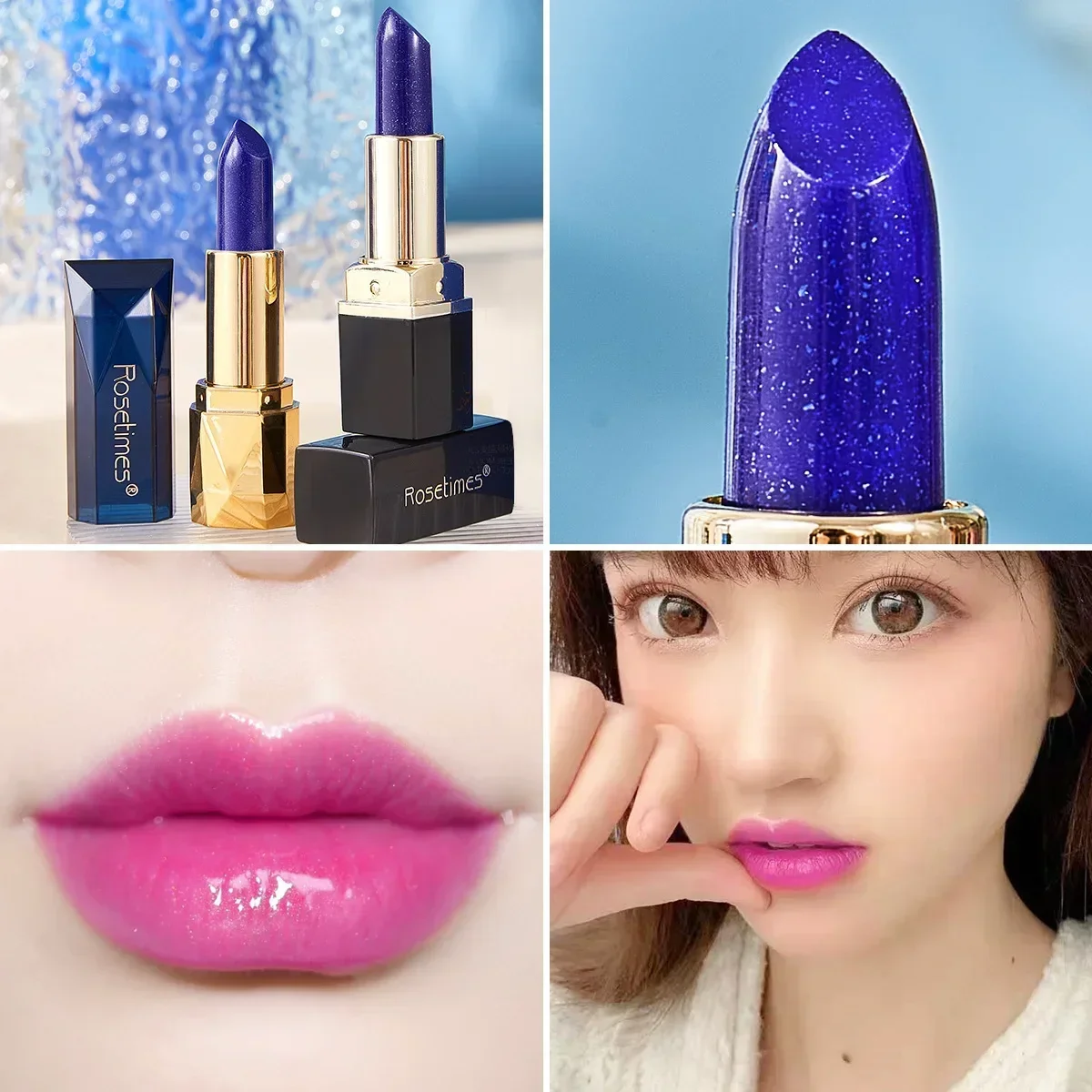 أحمر شفاه متغير اللون باللون الأزرق الوردي - بلسم شفاه مزاجي يدوم طويلاً وغير قابل للتحويل ومقاوم للقبلة