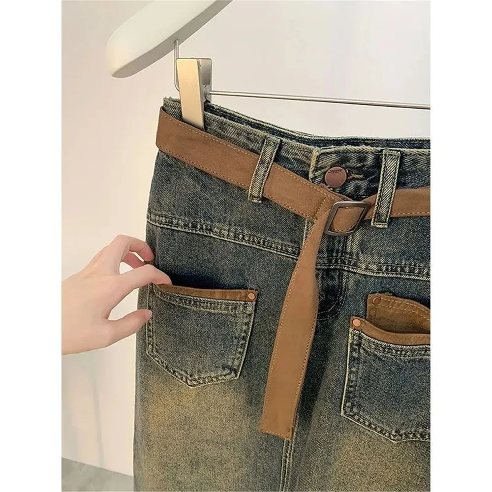 Koreaanse Jeans Lange Rok Met Riem Damesmode Met Riem Met Hoge Taille Rechte Demin Rok All-Match Zakken Midi Faldas