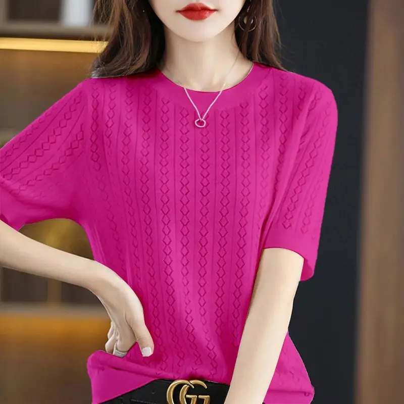 Fashion O-Neck Knitted Solid Color All-match Blouse Women\'s Clothing 2023 Summer New Oversized Casual Pullovers Korean Shirt