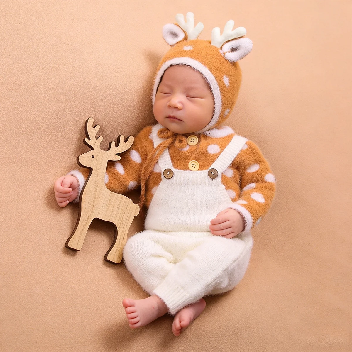 Newborn Baby Cute Little Deer Outfit for Photo Shooting Knitted Infant Suspender Pants Tops Antler Hat Baby Photography Props-HD