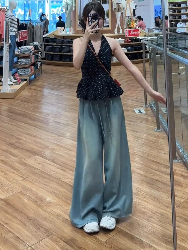 plus Size Silk Wide Leg Jeans Women's Thin Autumn New Fat MM Drapey Hip Conceal Slimming Ice Silk Floor-Length Pants